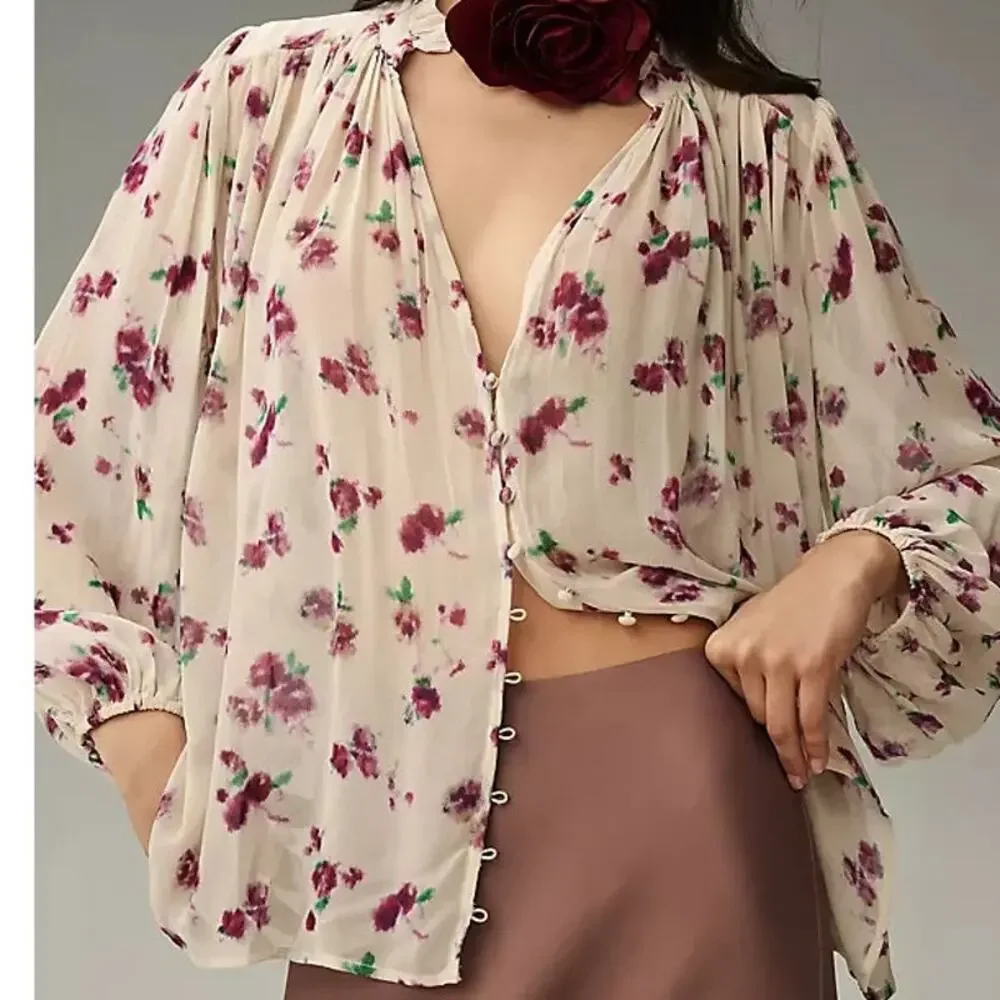 Anthropologie The Estela Blouse M Sheer Floral Printed Boho V-Neck Top Peasant